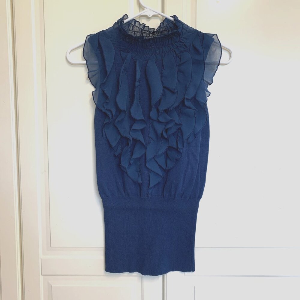 Tracy M Knit Sleeveless Top with Ruffles Mock Neck Blue Size M